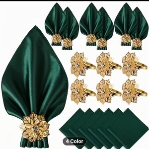 New Elegant Green Napkin Set with Gold Pointsettia Holders #997-800
